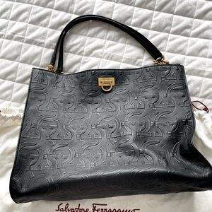 Salvatore Ferragamo Black Embossed Leather Tote Bag